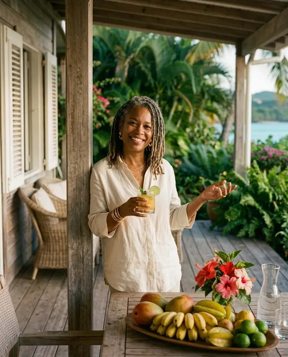 Femme souriante qui accueille ses hôtes sur la véranda d’une maison créole, plateau de fruits et hibiscus